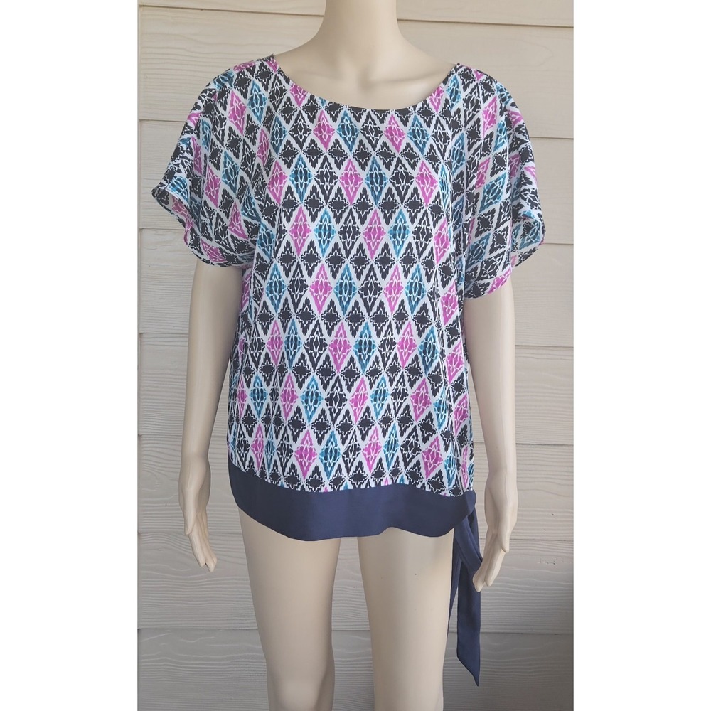Ann Taylor Sz Large Black Navy Blue Pink Diamond Pattern Side Tie Blouse Top